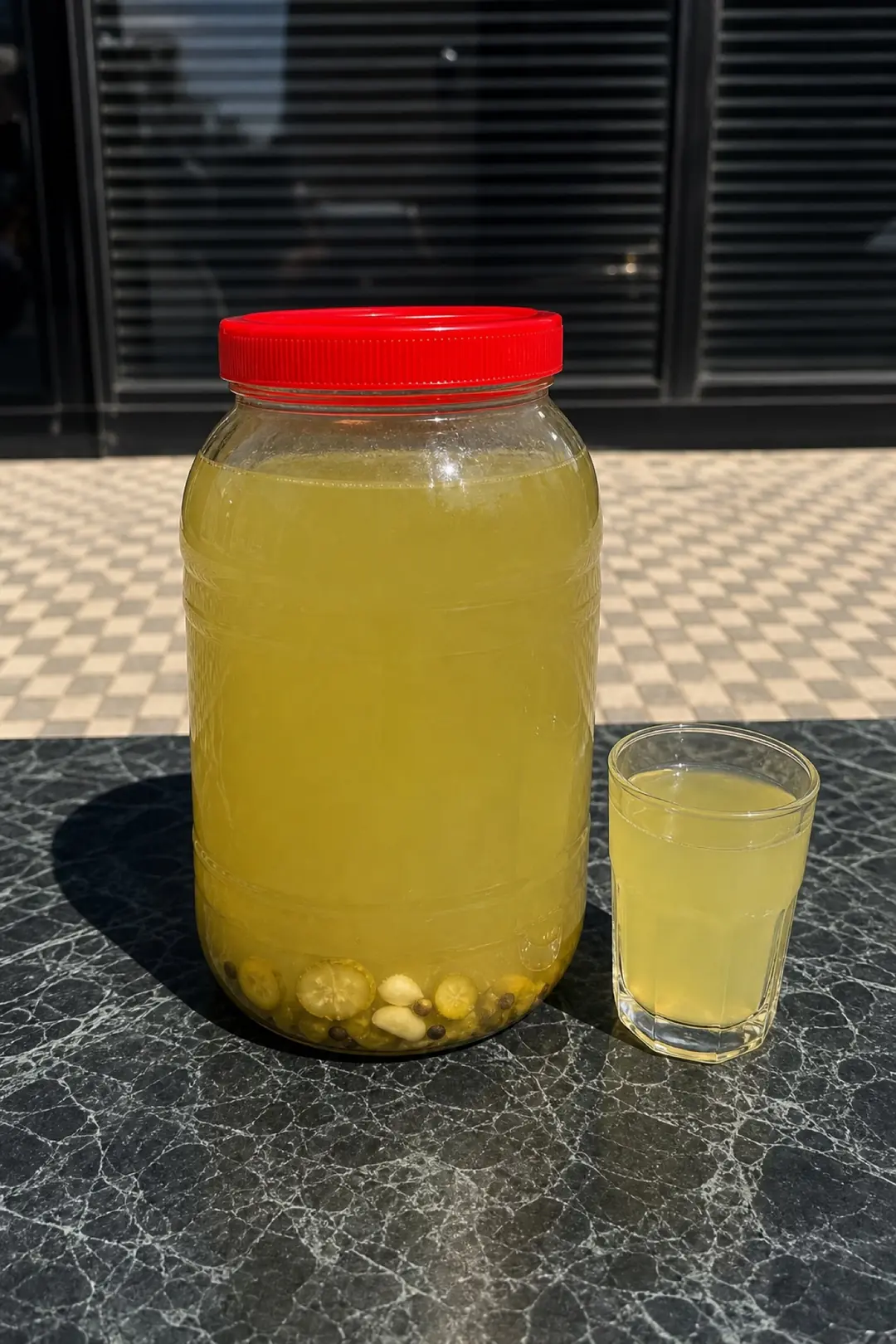 Bir kavanoz turşu suyu, yanında dolu bir bardak